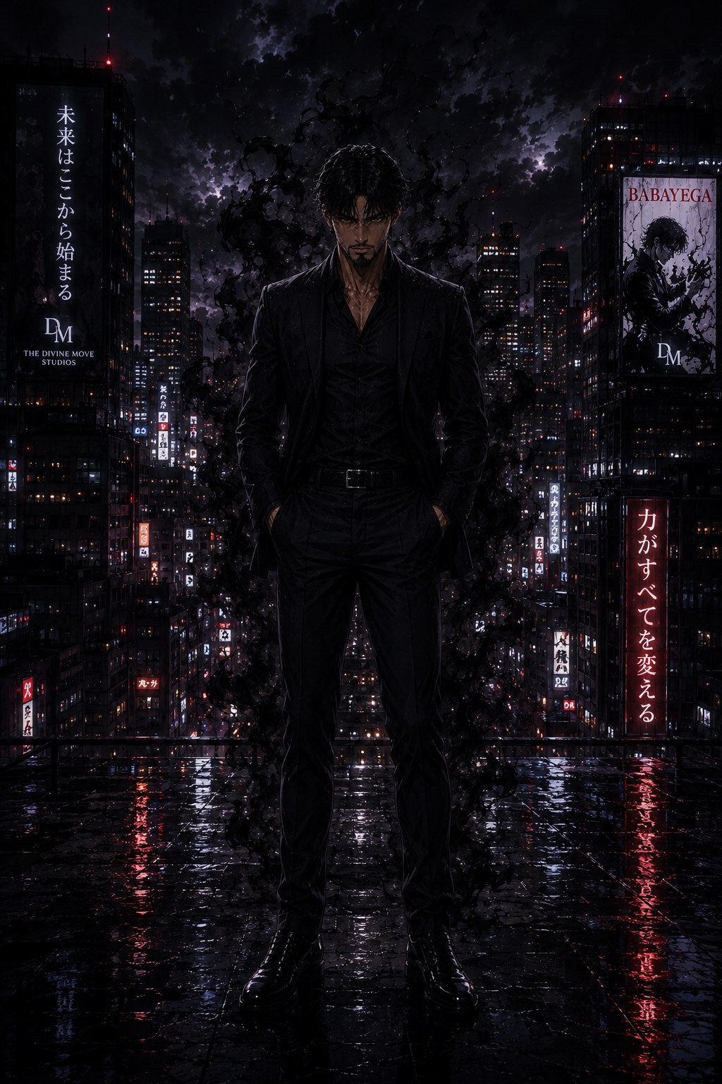 Adam standing in the rain, shadow unfurling behind him